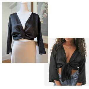 Urban outfitters Nicole Satin Tie-front Top • Black • Small